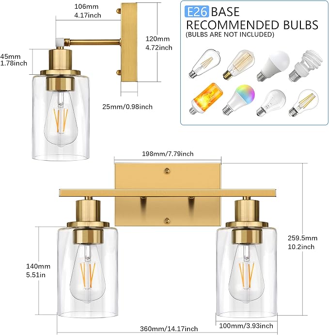 ShineTech 2-Light Gold Bathroom Vanity Fixtures, Modern Wall Lighting - Image 3