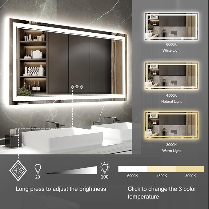 Backlit Bathroom Mirror, 55x30 Inch Gradient Front and Backlit Mirror, 3 Colors - Image 5