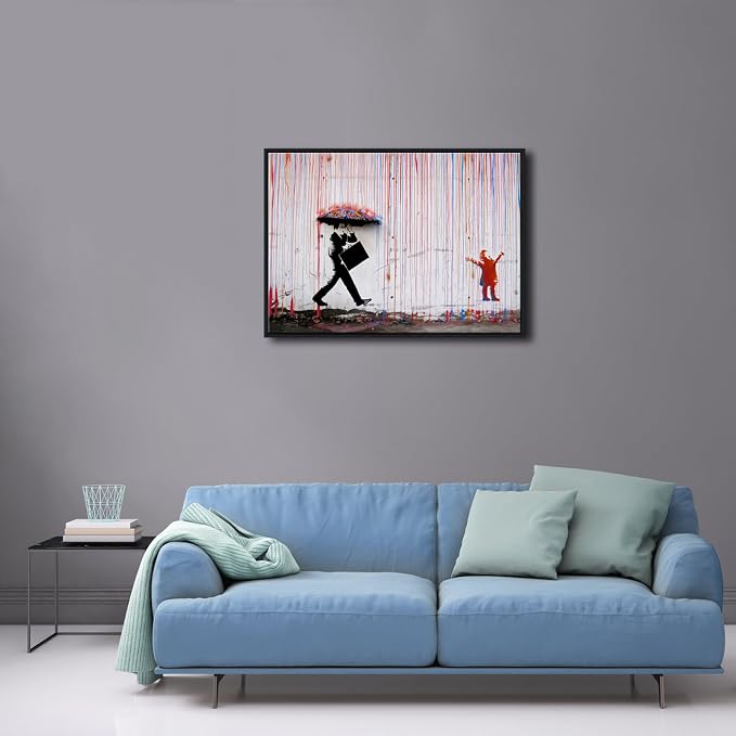 Wieco Art Framed Banksy Raining Day or Colorful Graffiti Street Famous Canvas - Image 2