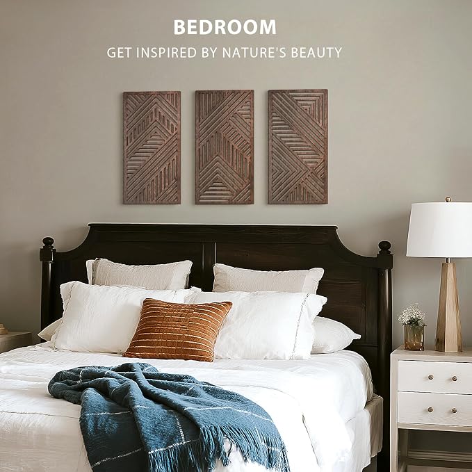 VIYYIEA Boho Solid Wood Carved Wall Art Set of 3, Geometric Minimalist Wooden - Image 4