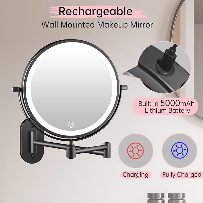 FUNTOUCH 5000mAh Rechargeable Wall Mounted Lighted Makeup Vanity Mirror - Image 2