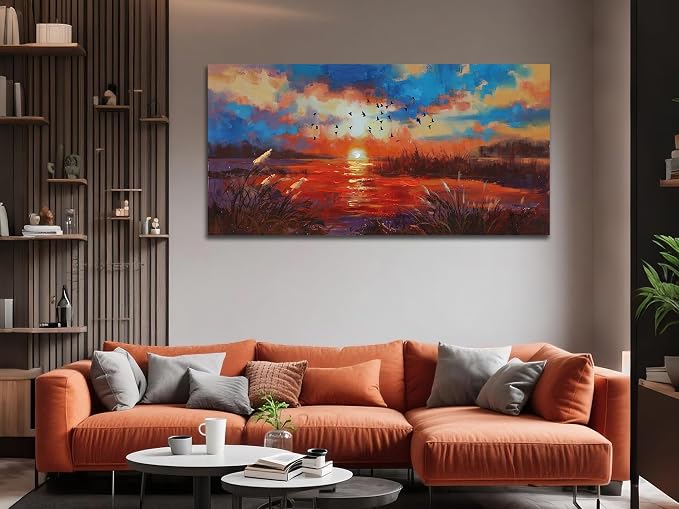 Anolyfi Sunset Wall Art for Living Room, Reed Lake Wall Decor Red Artwork for - Image 5