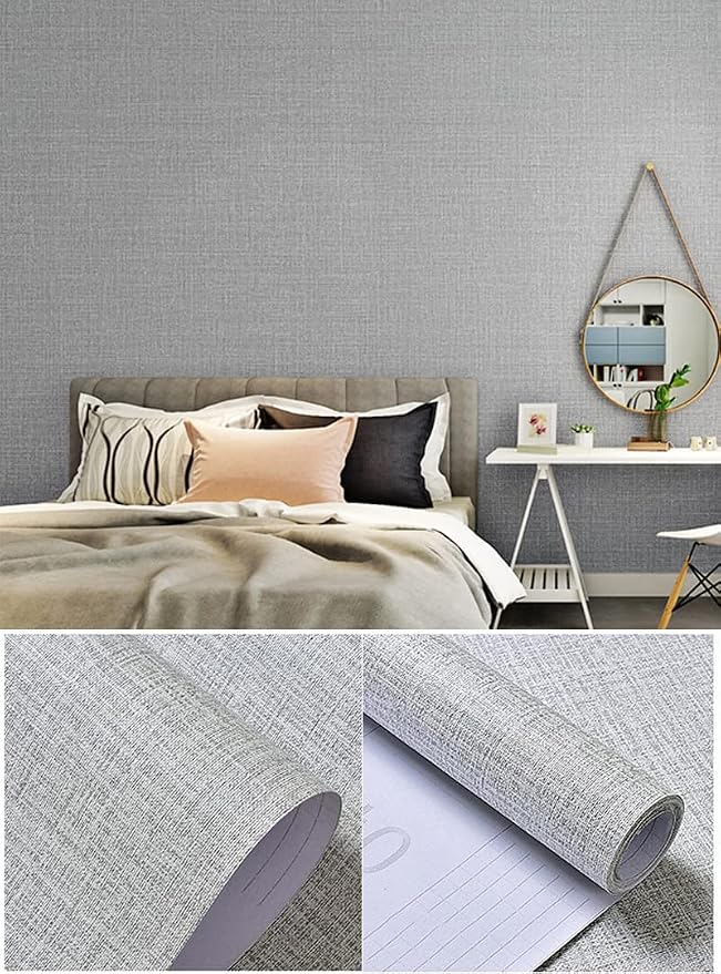 Fabric Peel and Stick Wallpaper Gray Faux Grasscloth Wallpaper Self-Adhesive - Image 4