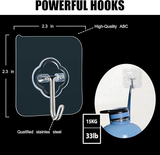 Adhesive Hooks, 32 Pack 33lb Sticky Hooks, Transparent Reusable Removable - Image 2