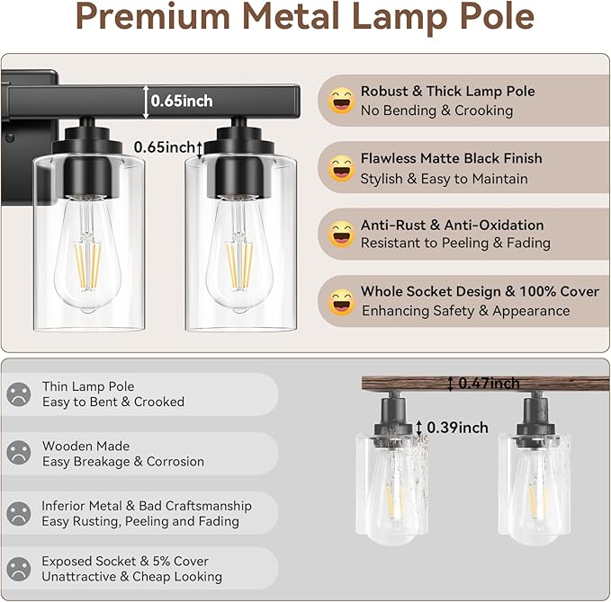 VerRon 4 Lights Bathroom Light Fixtures, Matte Black Modern Vanity Lights Over - Image 5