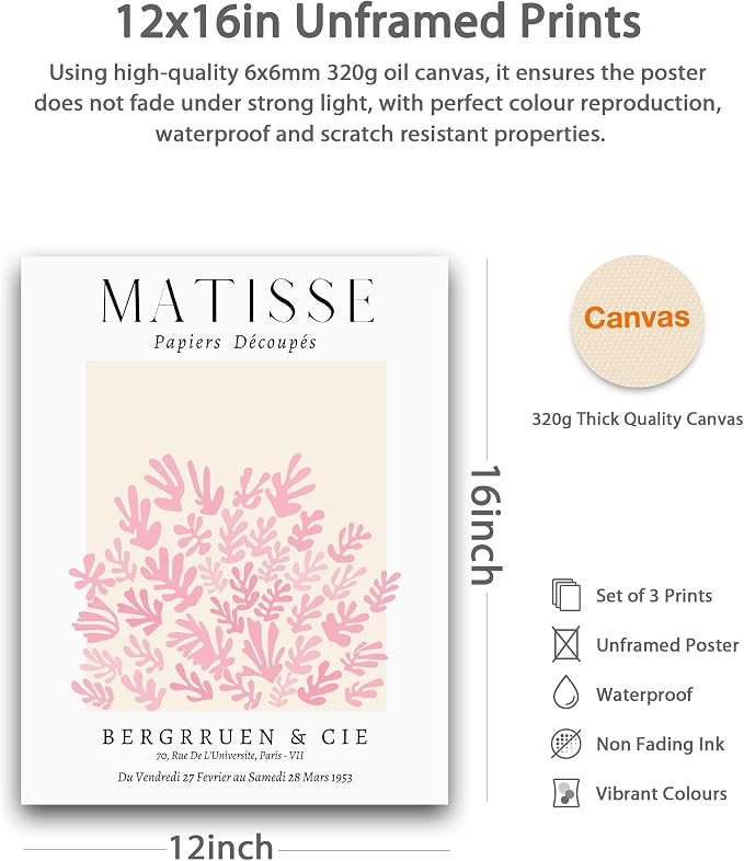 HesenDot Unframed Matisse Pink Wall Art, 12x16in Canvas Prints Poster, - Image 2