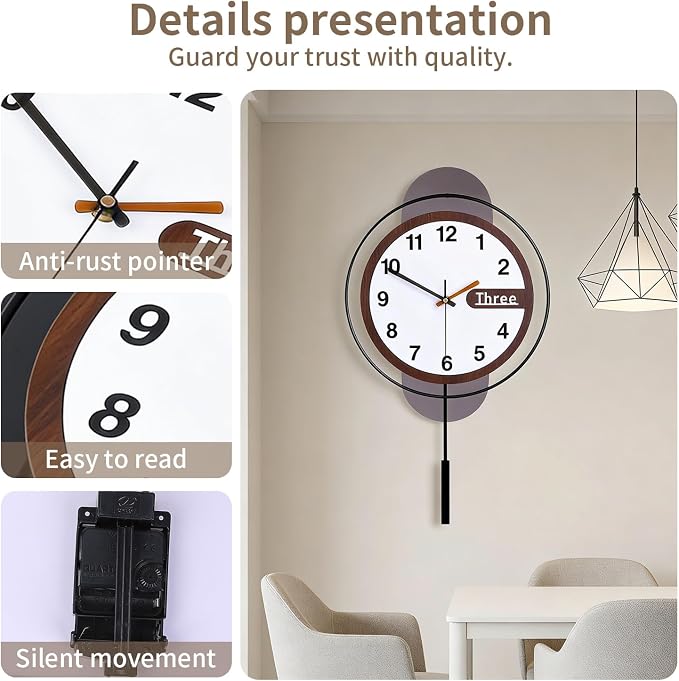 Dankeit Modern Wall Clock with Oak Wood Dial and Silent Movement, 12.6x22.8 - Image 3