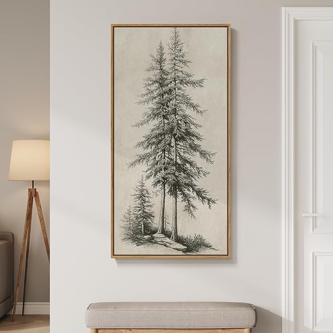 Framed Vertical Vintage Sketch Tree Living Room Wall Art, Large Black Beige by Cuspin