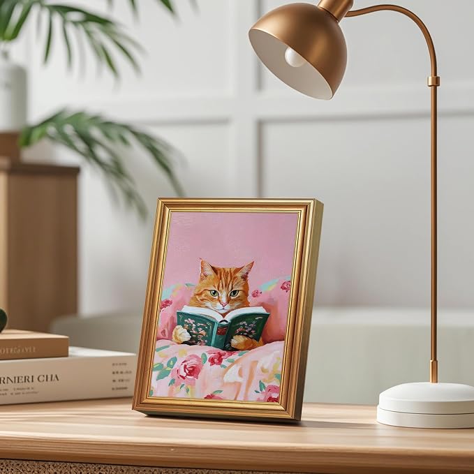Fantasy Artists Gold Framed Wall Art Prints, Cute Orange Cat Reading a Green - Image 4