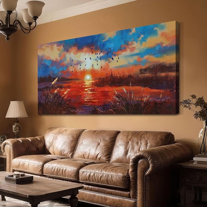 Anolyfi Sunset Wall Art for Living Room, Reed Lake Wall Decor Red Artwork for - Image 2