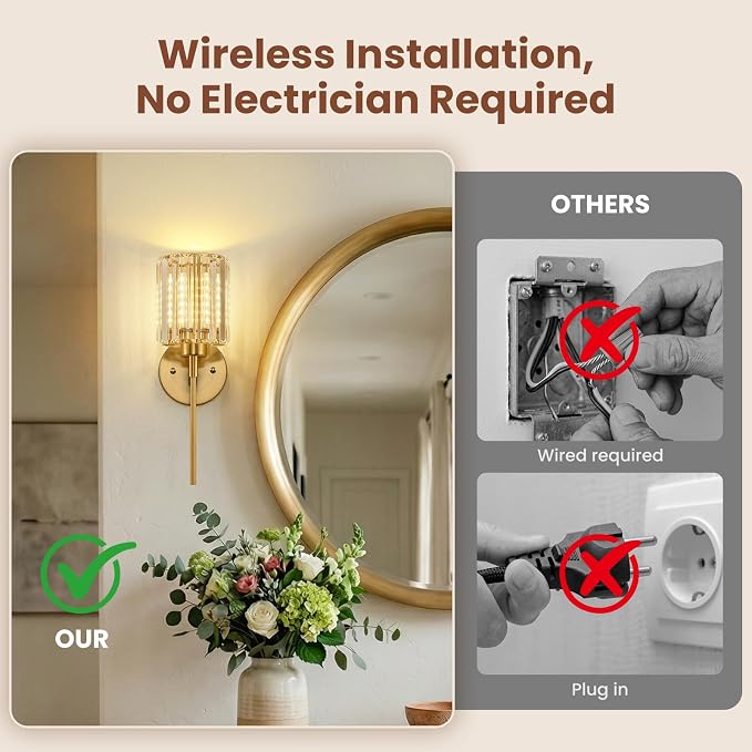 Crystal Battery Operated Wall Sconces, Brushed Gold Rechargeable Wireless Wall - Image 5