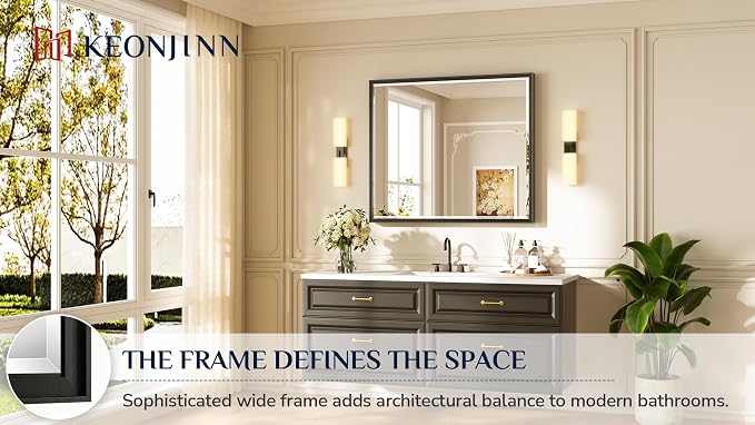 Keonjinn 42" x 36" Black Bathroom Vanity Mirror, Brushed Black Metal Framed - Image 7
