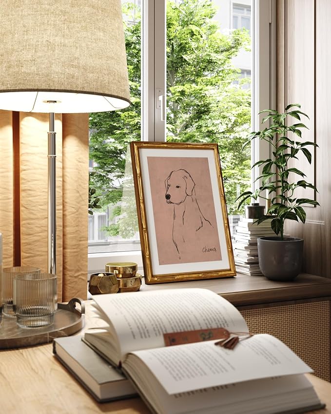 InSimSea Gold Bamboo Framed Canvas Wall Art, Minimalist Dog Sketch Animal - Image 2