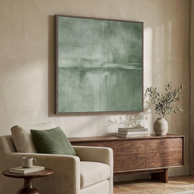 Large Framed Green Abstract Wall Art, Modern Minimalist Sage Green Canvas - Image 2