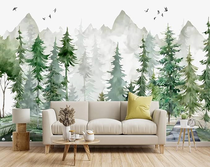 -Green Cartoon Pine Forest Nursery Fabric Wallpaper - Image 2