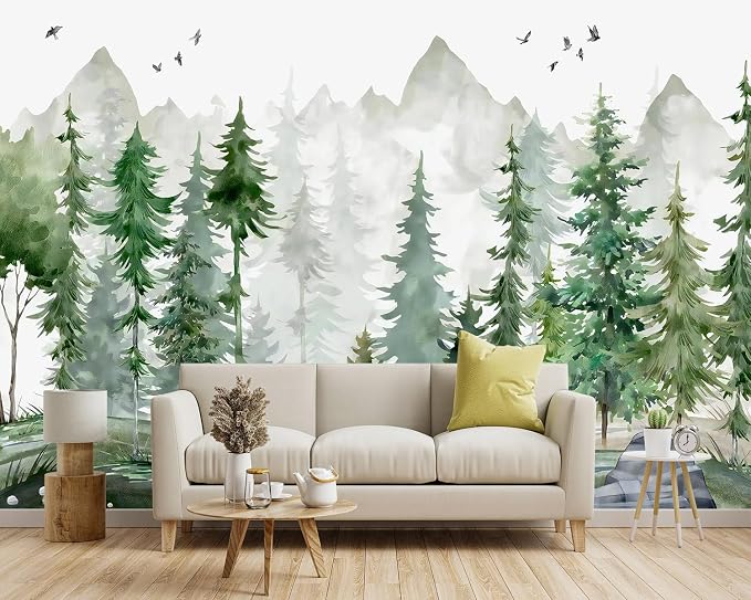 -Green Cartoon Pine Forest Nursery Fabric Wallpaper - Image 2