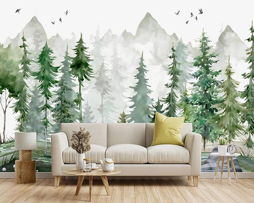 -Green Cartoon Pine Forest Nursery Fabric Wallpaper - Image 2