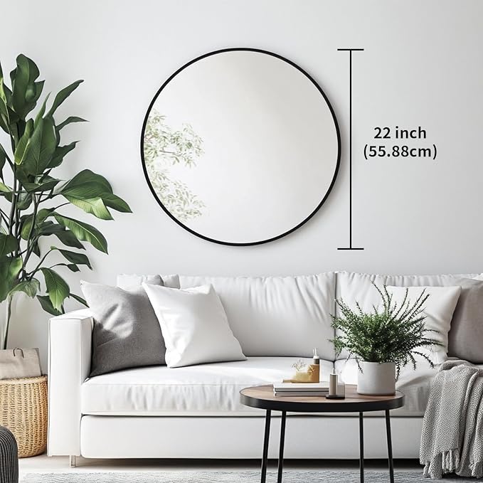 Oruii Black Circle Mirror, 22 inch Round Mirror Metal Frame, Living Room - Image 3