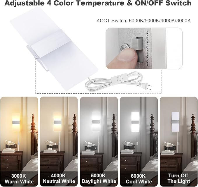 TRLIFE Wall Sconces Plug in, Adjustable 4 Color Temperature Modern LED Wall - Image 2