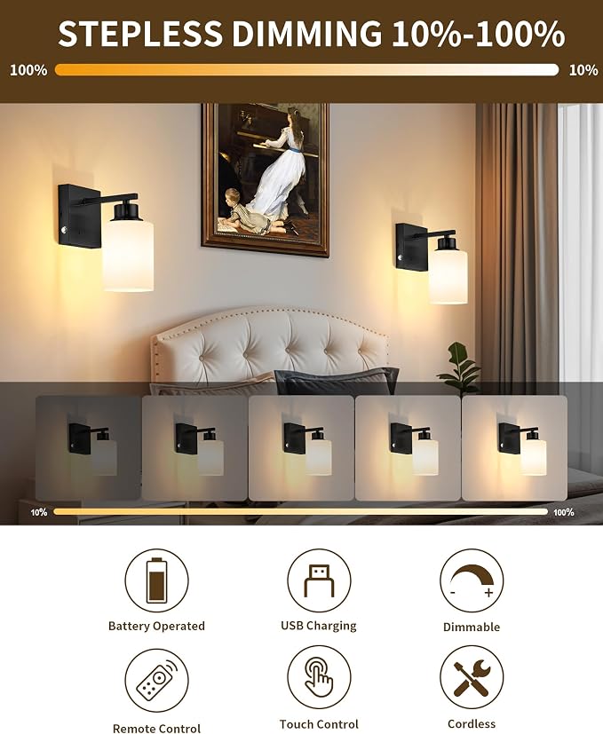Rayogale Battery Operated Wall Sconce Set of 2, Easy Install Dimmable Wireless - Image 2