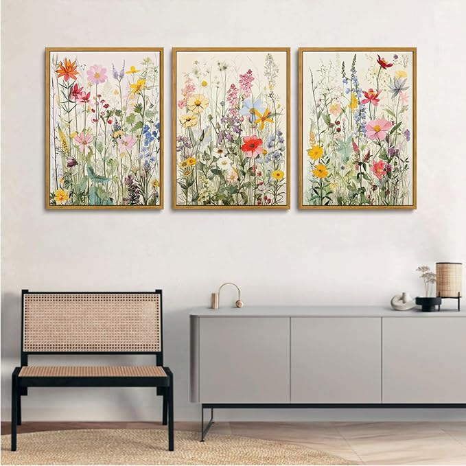 KISSFOX 3 Piece Watercolor Wildflower Botanical Framed Wall Art Colorful Floral - Image 7