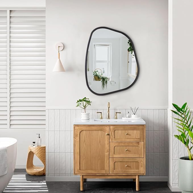 Black Asymmetrical Wall Mirror Large 20"x16" Irregular Oval Mirror Modern Wood - Image 6