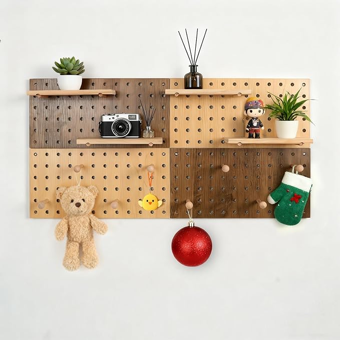 Brown & Beige Wood Pegboard Modular Display Wooden Pegboard Combination Wall - Image 7