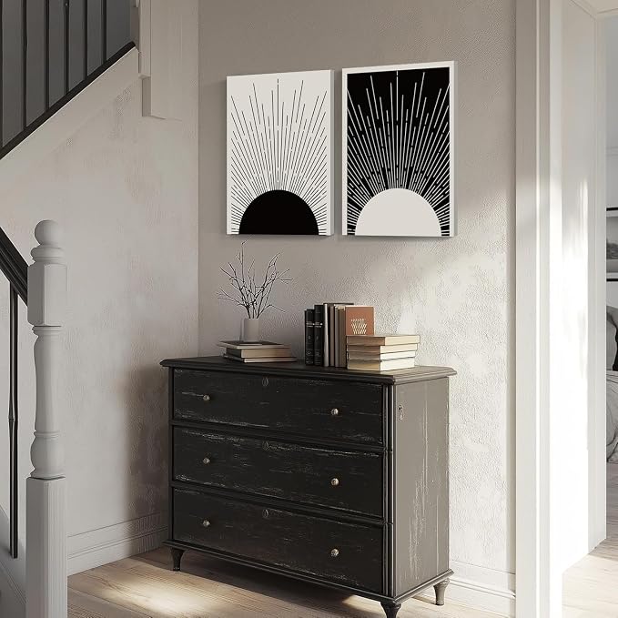Hwetui Framed Boho Sun Wall Art Set of 2 Black and White Minimalist Sunrise - Image 3