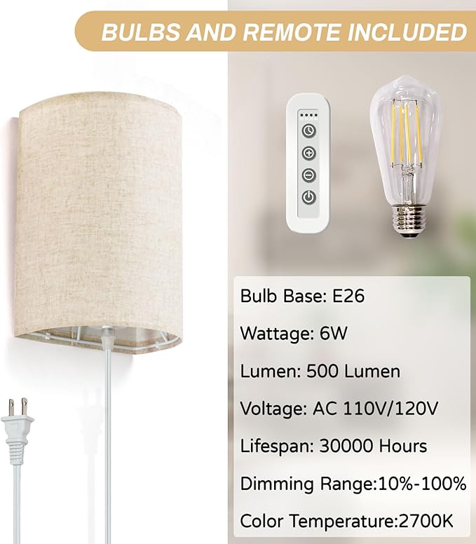 FINCMY Wall Sconce Light Plug in, Dimmable Sconces Wall Decor Set of 2 - Image 3