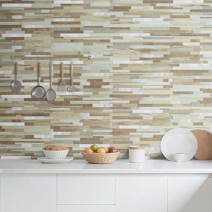 AULIGET 2 Sheets Beige & Brown Wood Peel and Stick Backsplash, PVC Mixed Metal - Image 2