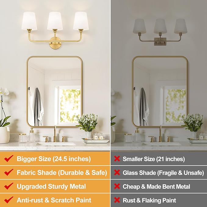 MOKATNG Bathroom Light Fixtures, 3-Light Brushed Gold Vanity Lights, Bathroom - Image 2