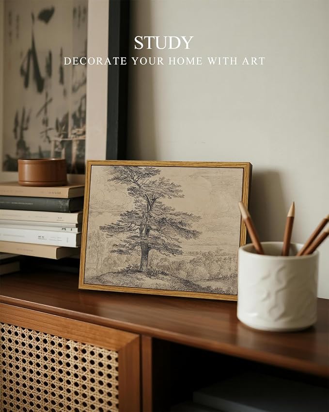 InSimSea Framed Canvas Wall Art, Neutral Sketch Tree Painting, Rustic Nature - Image 4