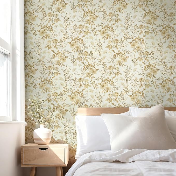 Erfoni 16.9" x394" Yellow Brown Floral Peel and Stick Wallpaper Boho Floral - Image 4