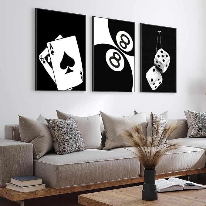 3Pcs Black and White Poker Dice Canvas Wall Art Lucky You Poster Prints Trendy - Image 2