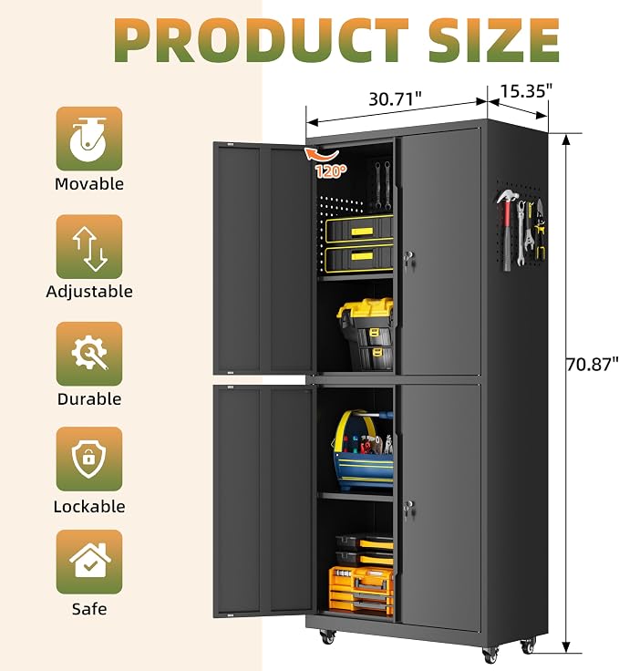 Garage Storage Cabinet with Wheels, Lockable Metal Storage Cabinet - Image 3