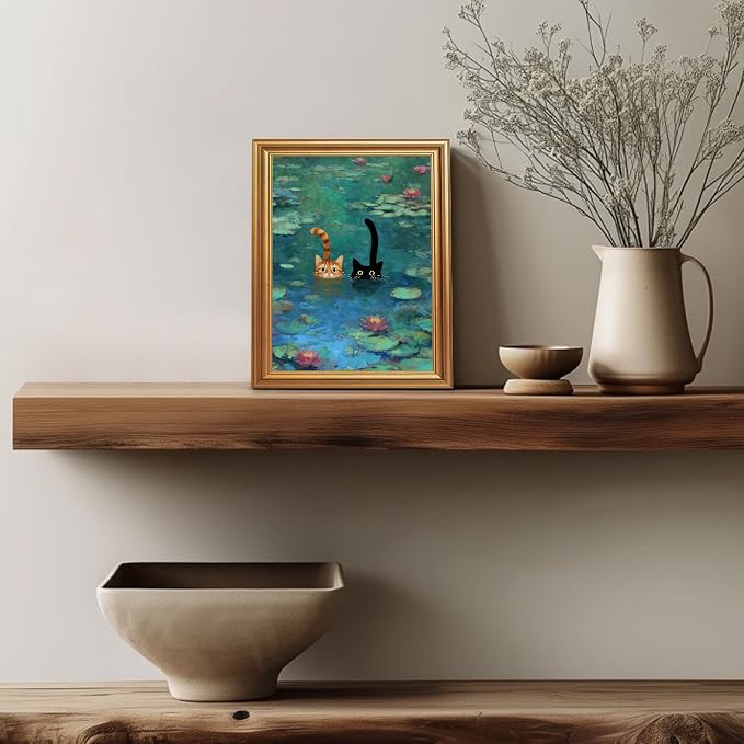 Fantasy Artists Gold Framed Wall Art Prints, Two Swimming Cats in Lotus Pond - Image 5