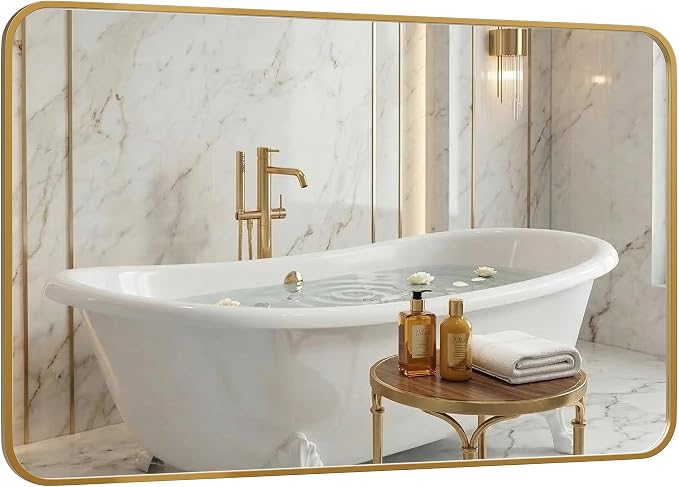 30x48 Inch Oversized Matte Gold Bathroom Vanity Mirrors | Flush Mount Deep Set by Pocetry