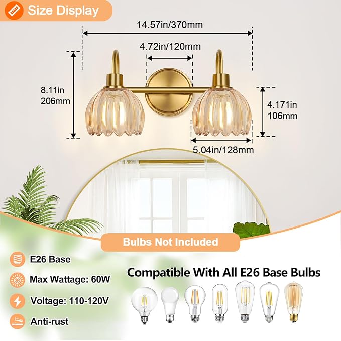 Bathroom Light Fixtures, 2-Light Brushed Gold Vanity Lights - Image 8