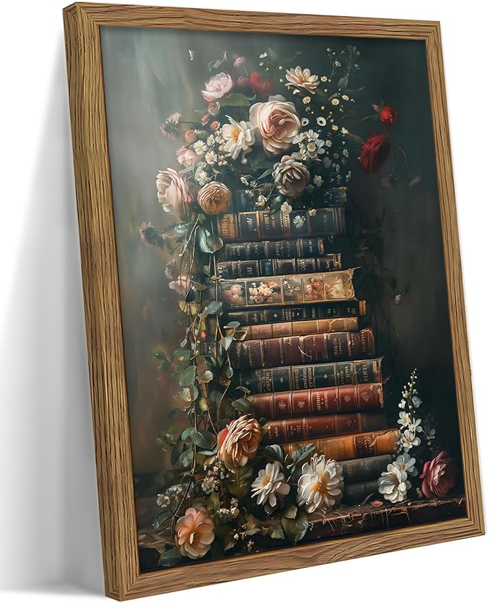 Vintage Framed Wall Art Flowers Books Canvas Prints, Dark Academia Wildflowers by MUWAKWallArt