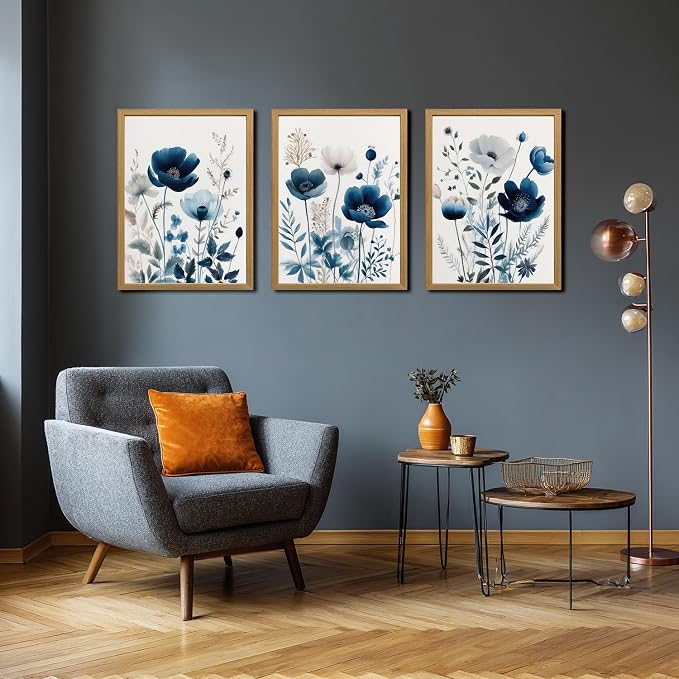 LLEEMPI Navy Blue Floral Wall Art Set of 3, Modern Wildflower Wall Decor - Image 2
