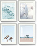 Framed Coastal Beach Wall Art for Living Room, 4 Piece Ocean Wave Palm Tree by MXART