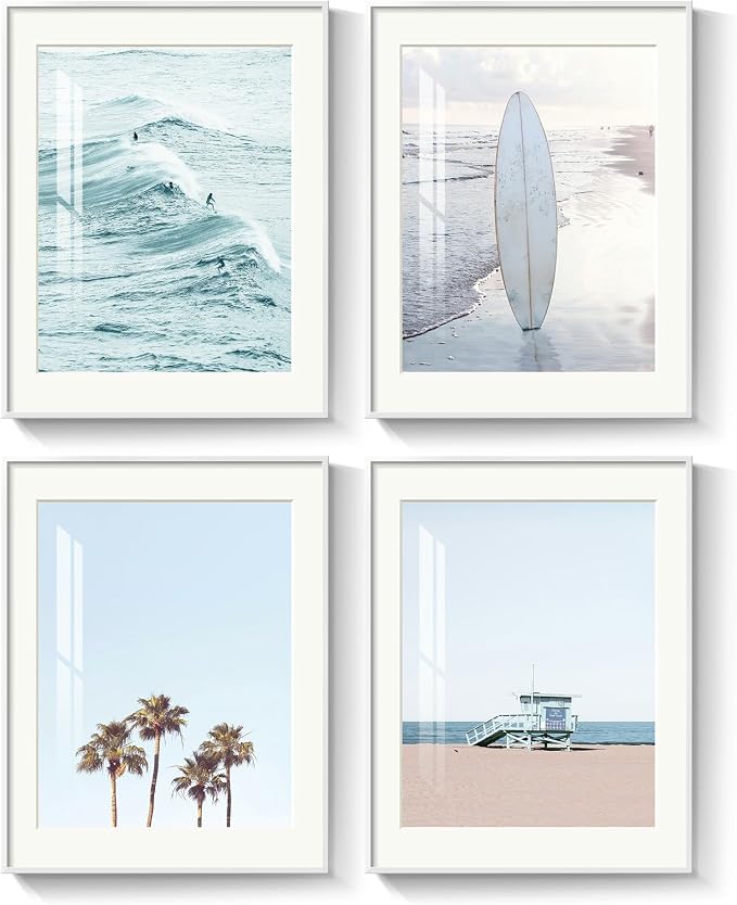Framed Coastal Beach Wall Art for Living Room, 4 Piece Ocean Wave Palm Tree by MXART