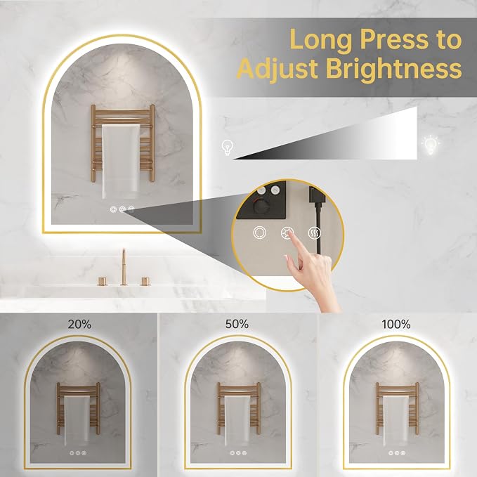 Arched LED Mirror for Bathroom 24"x30", Brushed Gold Lighted Bathroom Mirror - Image 4