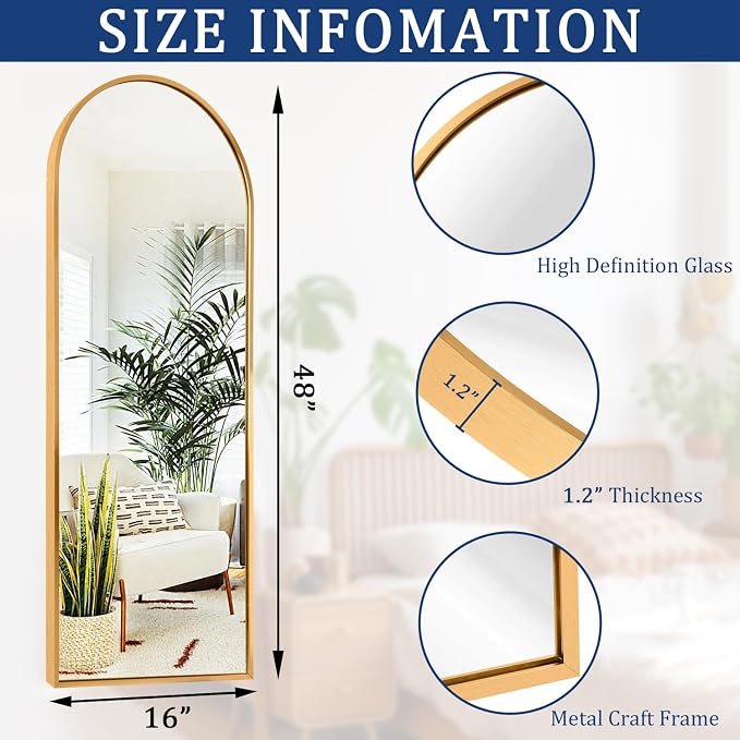 Wall Mirror Full Length Metal Aluminum Framed Floor Mirror 48"x12" Arched Large - Image 7