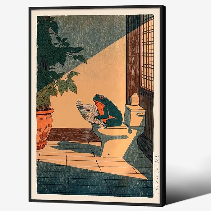 Vintage Japanese Black Framed Wall Art Funny Frog Bathroom Canvas Print Cute by Heltrappe