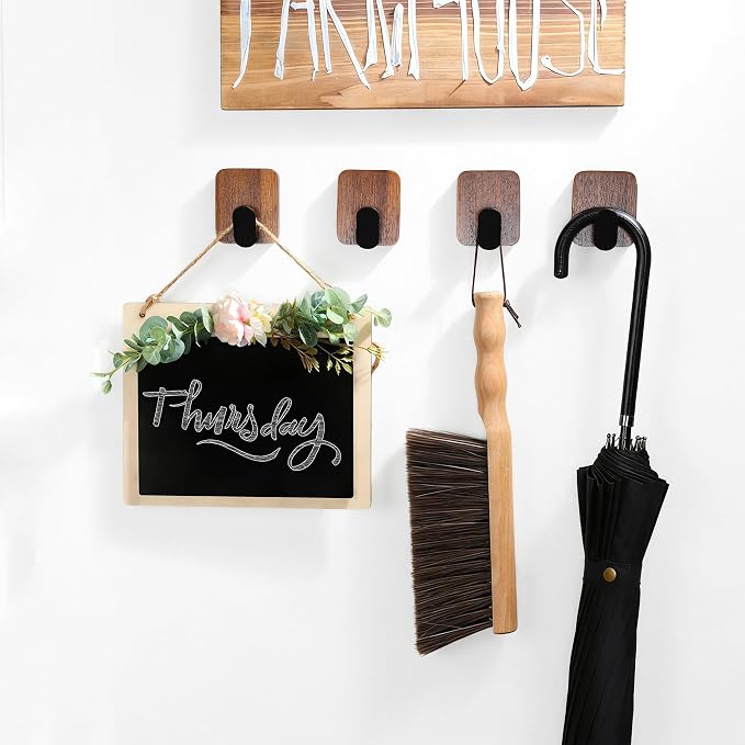 DELITON Wooden Wall Hooks, 4 Pack Acacia Adhesive Towel Hooks Sticky on - Image 3