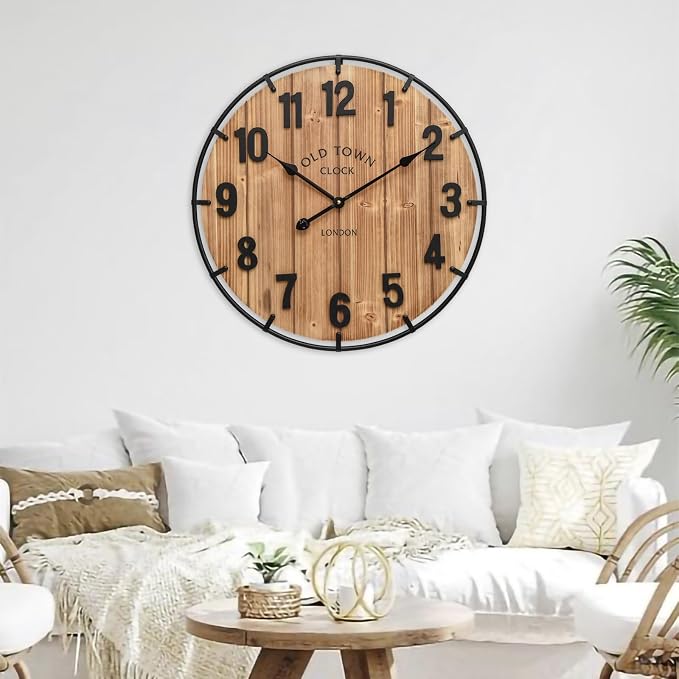 EMAX HOME Large Old Town Farmhouse Wall Clock 24 Inch Rustic Antique Wood - Image 4