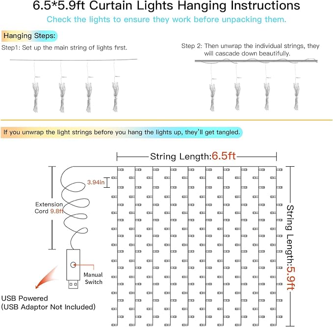suddus Curtain Lights, 180 Led 6.5 * 5.9ft Sunset Curtain Fairy Lights USB - Image 6
