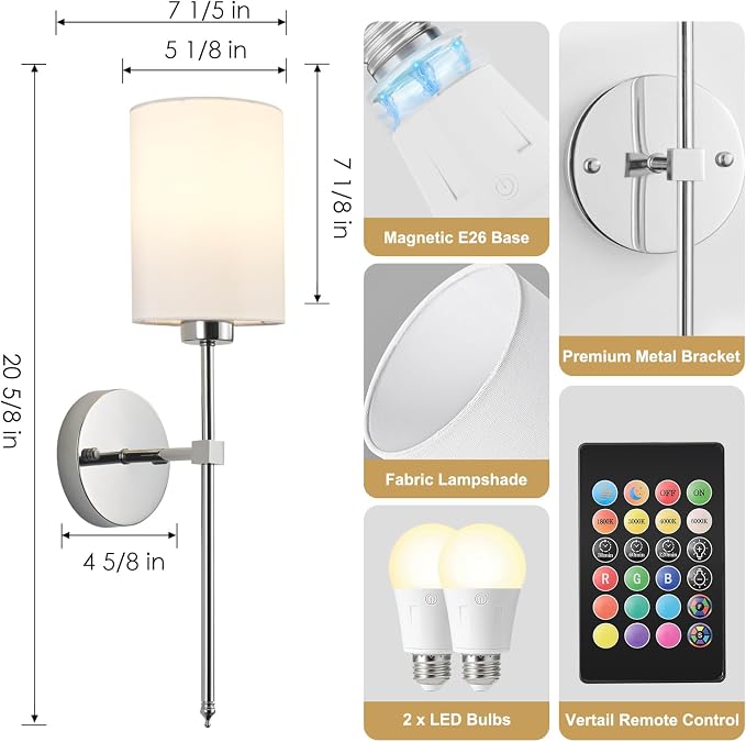Battery Operated Wall Sconces Set of Two, Wireless Rechargeable Wall Light - Image 7