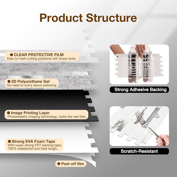 Peel and Stick Backsplash Tile Waterproof Removable PVC Wall Sticker 3D Faux - Image 6